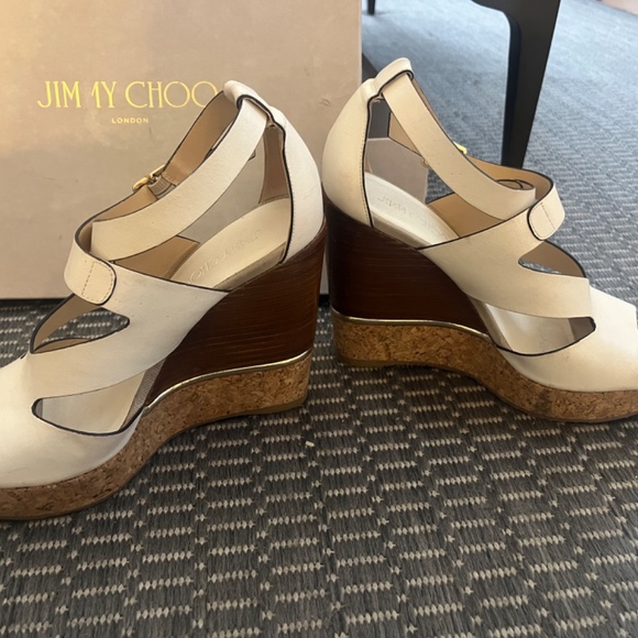 Jimmy Choo Nate Leather Cork Wedges - Latte Mix - Picture 2 of 6
